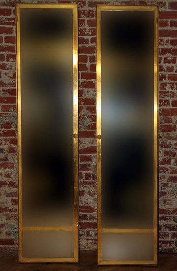 PAIR LARGE BRONZE GLASS MIRRORED DOORS IN FRAMES