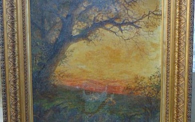 Painting, sheep under twilight skies, H. Gustavus Eilshemius (attributed, unsigned), canvas is