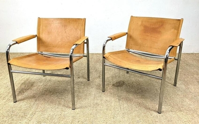 Pair BREUER Style Lounge Chairs. Chrome tube frames.
