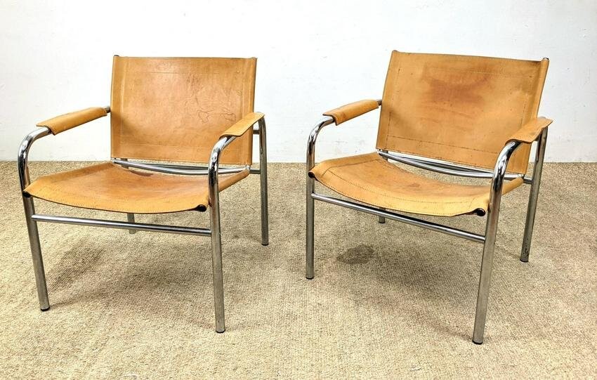 Pair BREUER Style Lounge Chairs. Chrome tube frames.