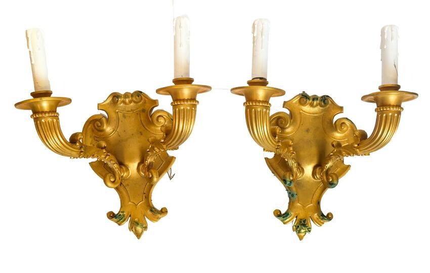 Pair Bronze Dore Two-Light Sconces