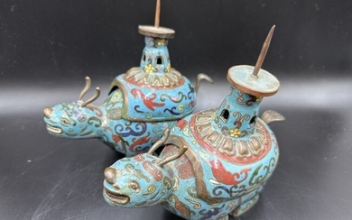 Pair Chinese Champleve candle holders, mythical