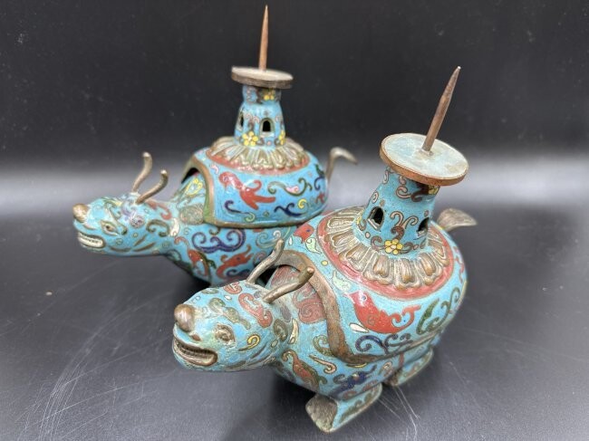 Pair Chinese Champleve candle holders, mythical
