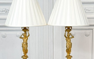 Pair Gilt Bronze Caryatid Table Lamps