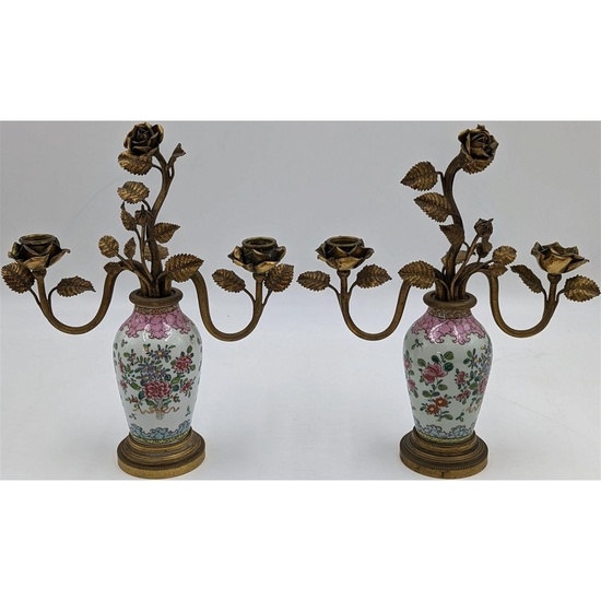 Pair Of Chinese Export Porcelain Vases Mounted On Bronze Candelabras