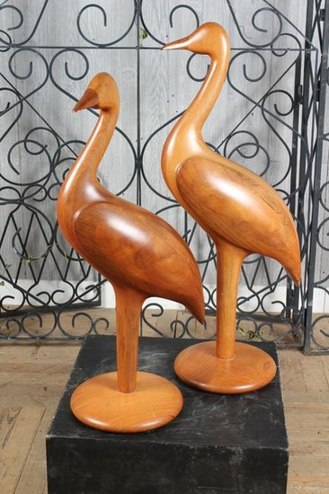Pair Stylized Carved Wood Waterfowl Figures