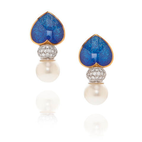 Pair of 18k Gold, Diamond, Cultured Pearl and Blue Enamel Ear Clips