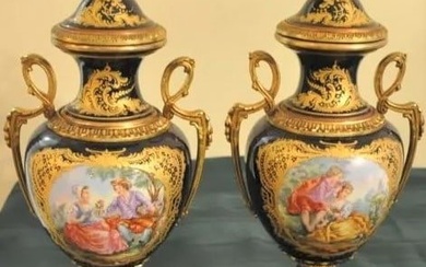 Pair of 19th Century French Sevres Style Hand Painted Porcelain and Bronze Covered Urns