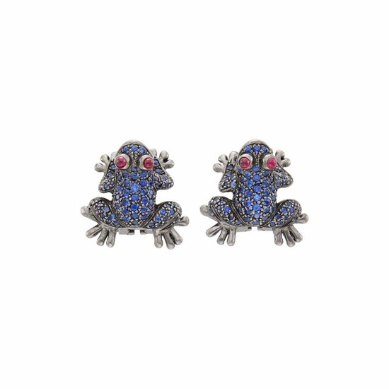 Pair of Blackened Gold, Sapphire and Cabochon Ruby Frog Earrings
