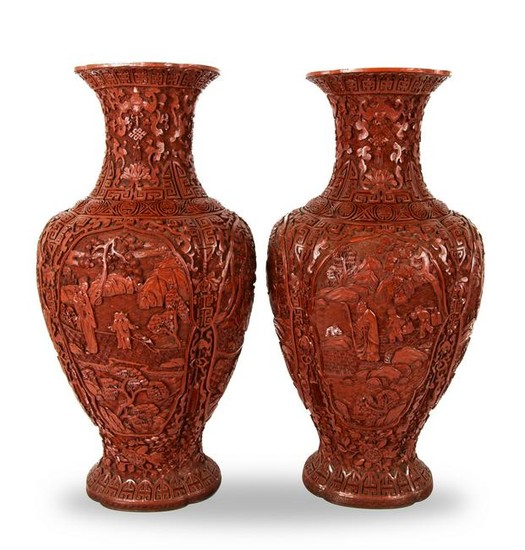 Pair of Chinese Cinnabar Vases, 19th Century