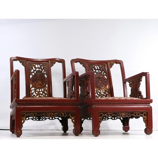 Pair of Early Chinese Lacquered Wood Low Chairs