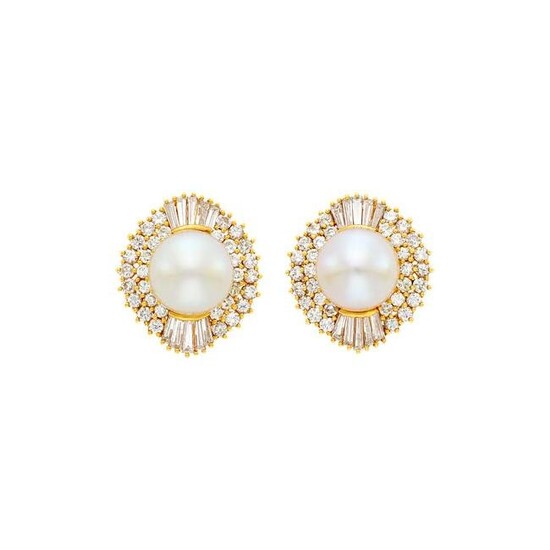 Pair of Gold, Cultured Pearl and Diamond Earclips