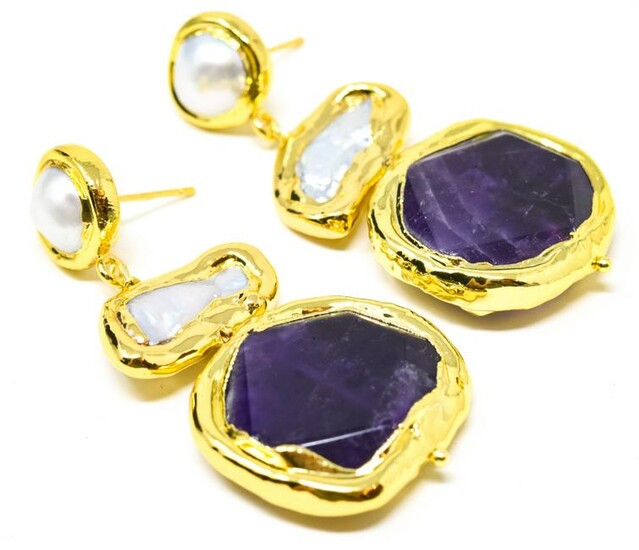 Pair of Gold Plated Lapis Lazuli & Pearl Earrings