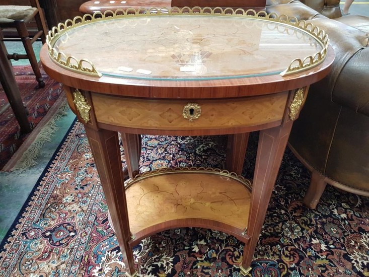 Pair of Louis XVI Style Marquetry & Possibly Kingwood Side Tables, the oval tops with brass gallery and basket with flower motifs on...