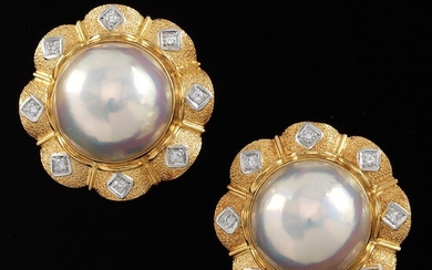 Pair of Oversized Mabe Pearl and Diamond Earrings