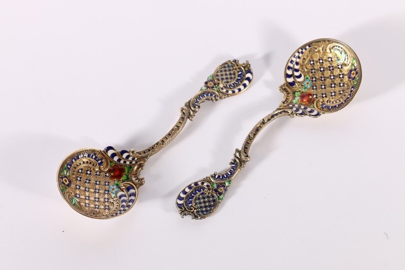 Pair of Swedish silver gilt and enamelled spoons in the mann...