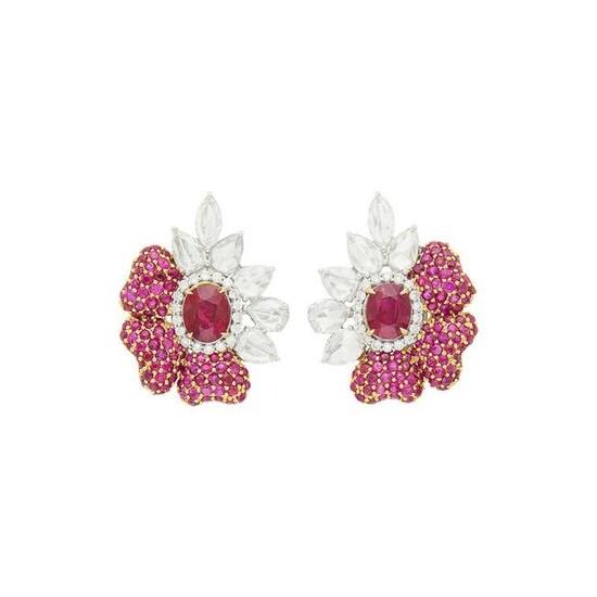 Pair of Two-Color Gold, Ruby and Diamond Earrings