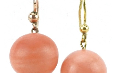 Pair of Victorian unmarked gold pink coral drop earrings, th...