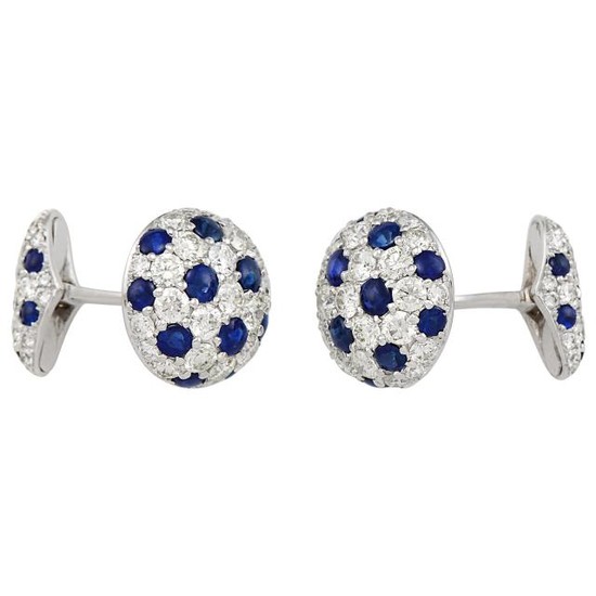 Pair of White Gold, Cabochon Sapphire and Diamond Cufflinks