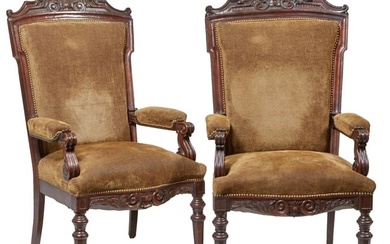 Pair of William IV Inspired Carved Walnut Armchairs, 20th c., H.- 52 in., W.- 31 in., D.- 29 in. (2