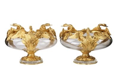 Pair of round vases in cast glass and gilded bronze...
