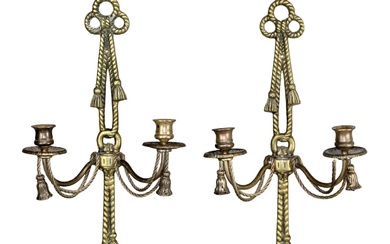 Pair of vintage brass rope garland 2 arm candle sconces