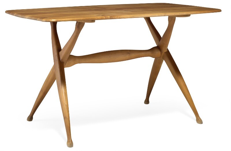vindue sarkom metal Peder Moos: Unique work table of solid pearwood, cross-leg frame with  sculptural stretcher. Ends of table top with inlays of light wood. Signed  Moos 1948. in Denmark