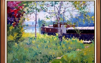Pierre Bittar Large Original Painting On Canvas Signed Boat Landscape Artwork