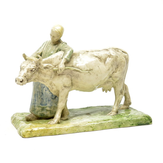 Polychrome painted sculpture: "Woman with cow", (modelno.457, painted...