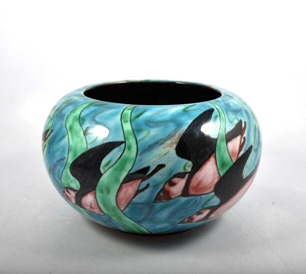 Poole Pottery 'Puffins' concave bowl, signed by N Massarella.