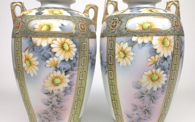 Pr of Nippon Daisy Flower & Enamel Vases