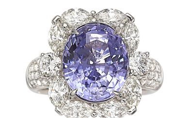 Purple Sapphire, Diamond, White Gold Ring Stones: Oval-shaped sapphire...
