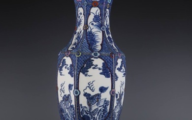 Qing Dynasty Qianlong period blue and white plus color opening flower unicorn pattern hexagonal vase