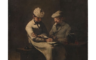 RIBOT Théodule-Augustin. (1823-1891). «Les cuisiniersracontant leurs souvenirs et buvant». Huile sur toile signée en bas...
