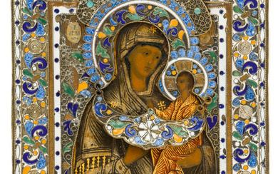 RUSSIAN ICON WITH RICHLY DECORATED CLOISONNE ENAMEL OKLAD SHOWING THE MOTHER OF GOD TICHVINSKAYA