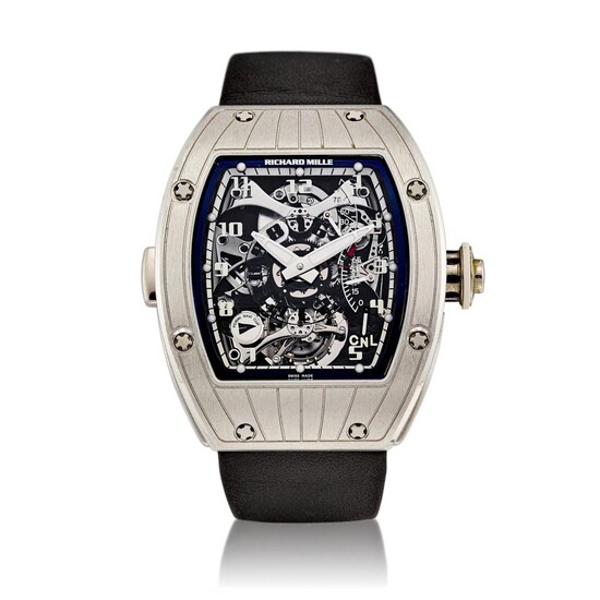Reference RM015 | A platinum skeletonized dual time zone tourbillon wristwatch with power reserve and torque indication, Circa 2008 | 型號 RM015 | 鉑金鏤空陀飛輪兩地時間腕錶，備動力儲備及力矩顯示，約2008年製, Richard Mille