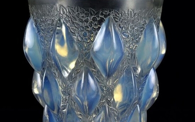 René Lalique (French, 1860 ~ 1945) 'Rampillon' Opalescent Art Deco glass vase with raised roundels, Wheel cut signature R Lalique France.. Circa 1930. Height 12.8 cm.