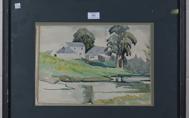 Robert Scott Irvine - 'Farm & Pond, Dunbartonshire', watercolour, indistinctly signed