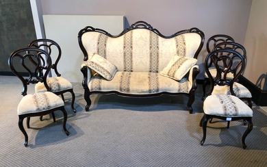 Rococo style sofa and 5 chairs 19/20th century Latvia. Rococo style. Birch. Sofa - height 115 cm, length 178.5 cm, width 81 cm, depth 62 cm. Pillows (2 pcs) - 47x47 cm. Chairs (5 pcs) - height 93 cm, width 42.5 cm, depth 44 cm.