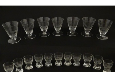 Rowland Ward sherry / liquor glasses with engraved Safari a...