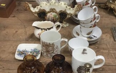 Royal Worcester Evesham 6 place coffee set, together with a pair of Davidson cloud glass candlesticks, Victorian and later commerative ceramics and other items