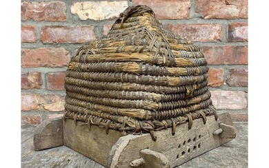 Rustic French antique hand made straw and wooden skep beehiv...
