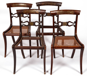 SET OF FOUR ENGLISH REGENCY BRASS-INLAID ROSEWOOD SIDE CHAIRS