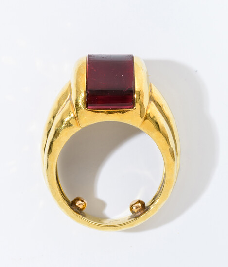SIGNED HENRY DUNAY 18K (750) TEXTURED YELLOW GOLD AND RASPBERRY...