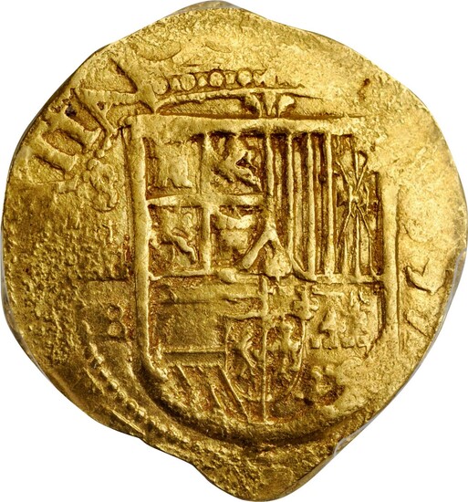 SPAIN. 4 Escudos, 1597-S B. Seville Mint. Philip II. PCGS AU-53 Gold Shield.