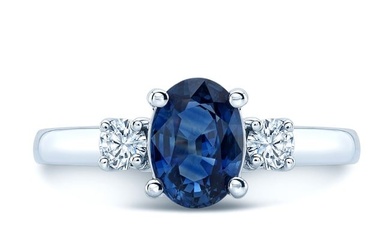 Sapphire Oval And Round Diamonds 3-stone Ring In 18k White Gold, Size 7