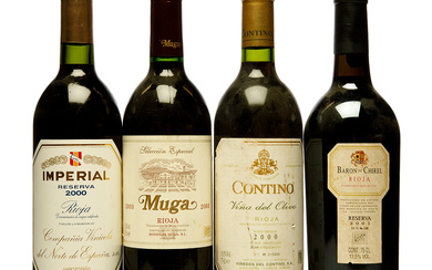 Selection of 4 bottles of Rioja red wine, Spain
