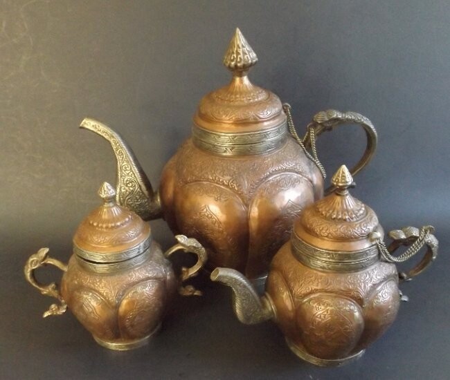 Set 3 Antique Tibetan Copper Tea Vessels Dragon Design