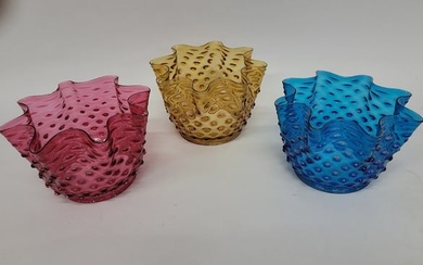 Set of 3 1890's Colored Hobnail Gas Shades Including cranberry, blue and amber . All glass perfect