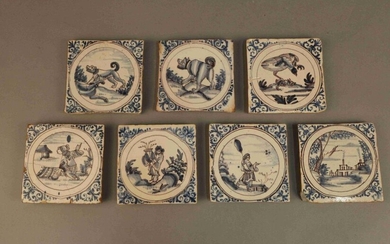 Set of seven earthenware TILES decorated with characters, landscape and animals in manganese and blue in a circular spandrel pattern. Most probably Manufacture de Très-Cloitre in Grenoble, 18th century. 12 x 12 cm.